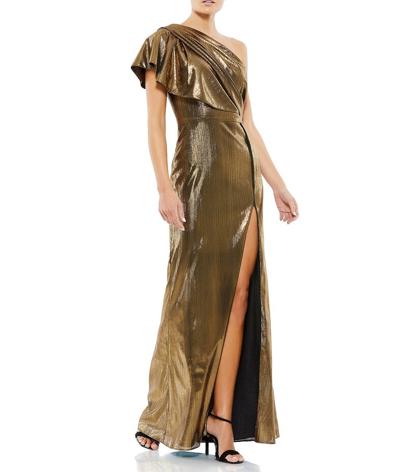 マックダガル レディース トップス ワンピース フリル トール Mac Duggal Metallic Ruffle One Shoulder Short Sleeve Gown Bronze メタリック｜ReVida 店