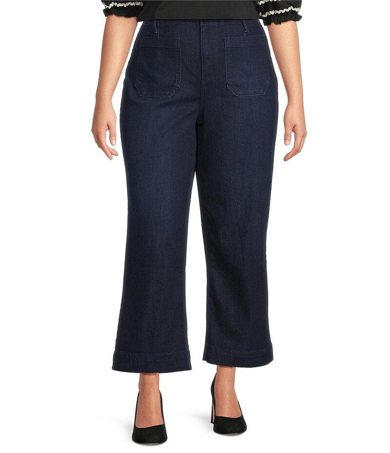 吊りひも 青色 レディース ボトムス ジーンズズボン下 ワイドレッグ 付け加える大いさ アンクル デニム Code Bleu Plus Size Hollywood Waist High Rise Wide Leg Patch Pocket Ankle Jeans Allure Wash ボトムス-パンツ