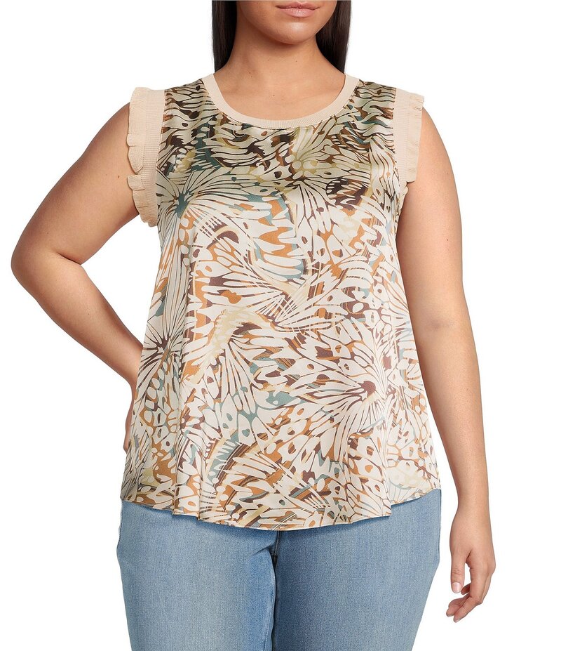スカイズアブルー レディース トップス シャツ プラスサイズ プリント サテン Skies Are Blue Plus Size Printed Flutter Sleeve Satin Top Beige Multi ベージュ|ReVida 店