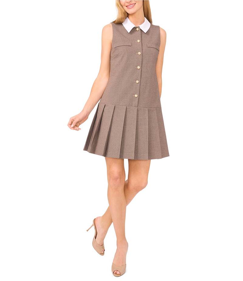セセ レディース トップス ワンピース ミニワンピース プリーツ ミニ CeCe Pleated Button Front Houndstooth Mini Dress Safari