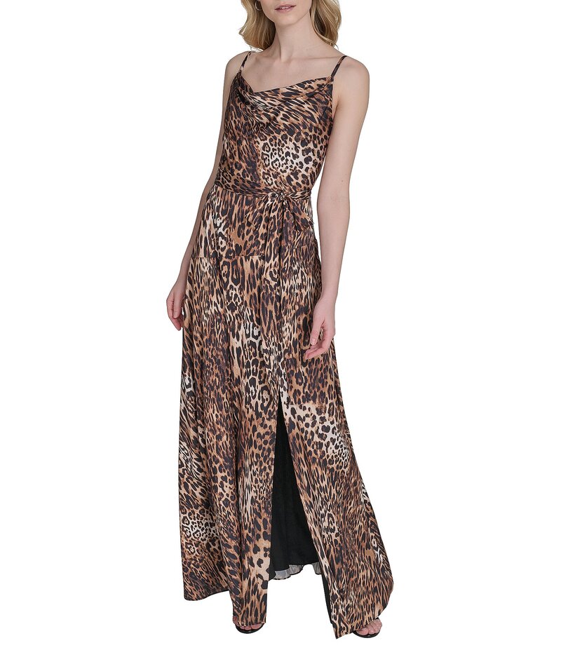 ヴィンスカムート レディース トップス ワンピース マキシワンピース ドレープ プリント サテン ノースリーブ マキシ Vince Camuto Satin Leopard Print Drape Neck Sleeveless Maxi Dress Brown ブラウン