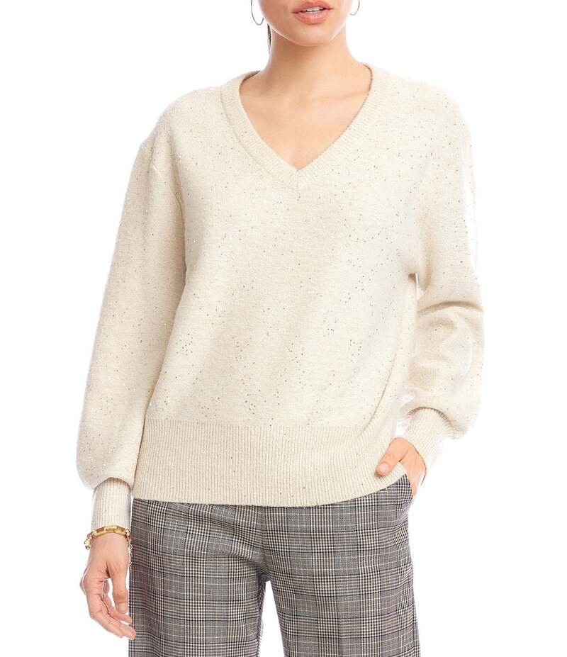 カレンケーン レディース アウター ニット・セーター Vネック スパンコール ニット Karen Kane Allover Sequin Knit V-Neck Long Sleeve Top Sand サンド