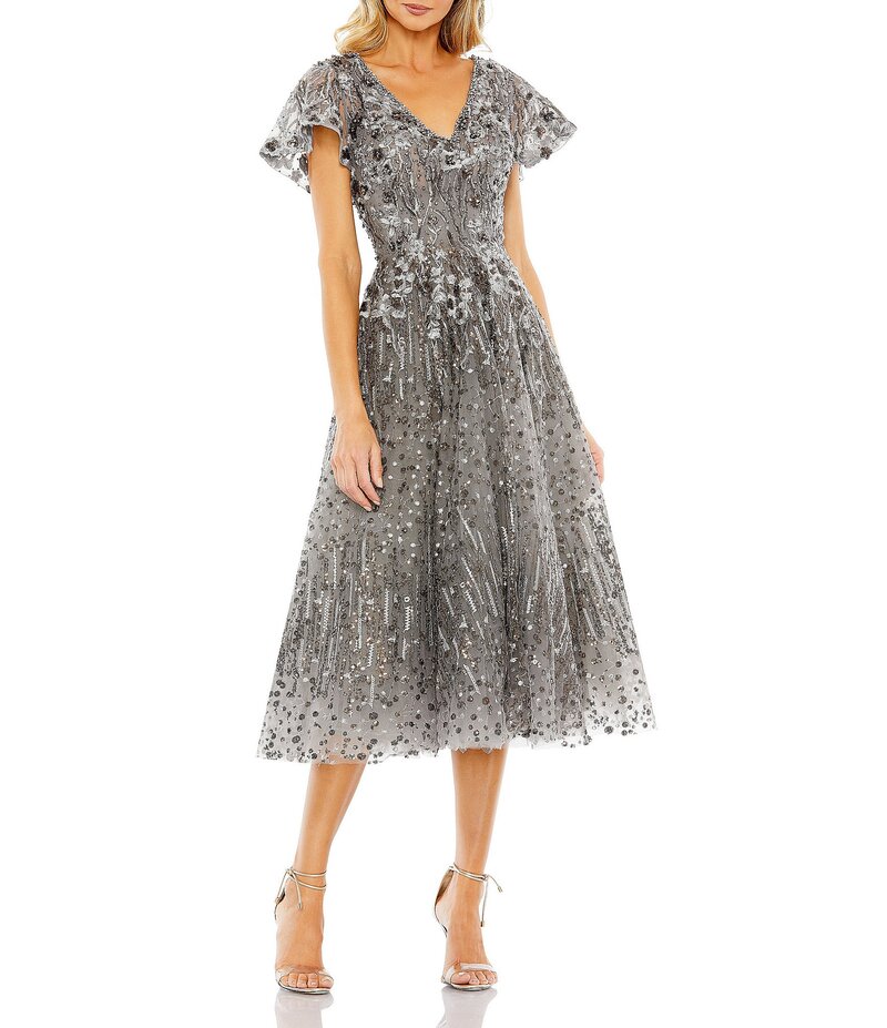 マックダガル レディース トップス ワンピース Vネック A ライン ミディワンピース メッシュ ミディ Mac Duggal Embellished Mesh V-Neck Flutter Sleeve A-Line Midi Dress Gunmetal ガンメタル|ReVida 店