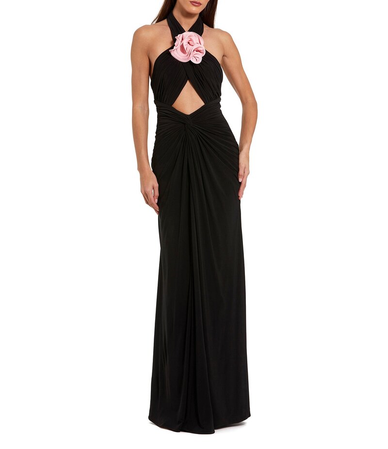 マックダガル レディース トップス ワンピース ジャージー ホルター Mac Duggal Jersey Crossover Halter Neck Gown With 3D Flower Black Pink ブラック|ReVida 店