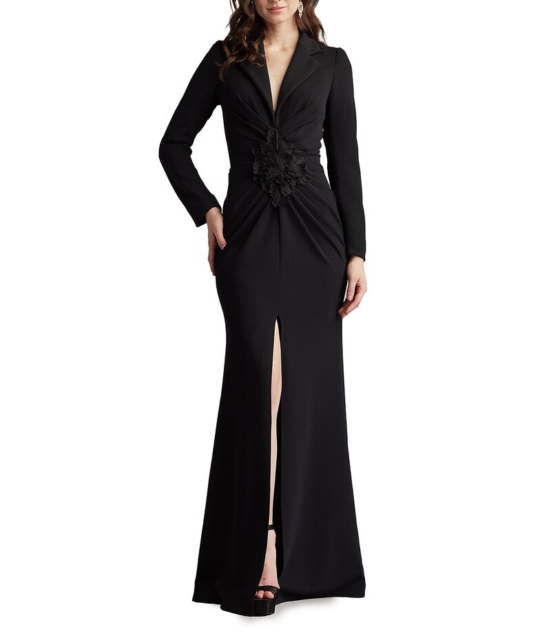 タダシショージ レディース トップス ワンピース Vネック クレープ フラワー柄 フラワー Tadashi Shoji V-Neck Long Sleeve Crepe Gown With Floral Applique Black ブラック｜ReVida 店