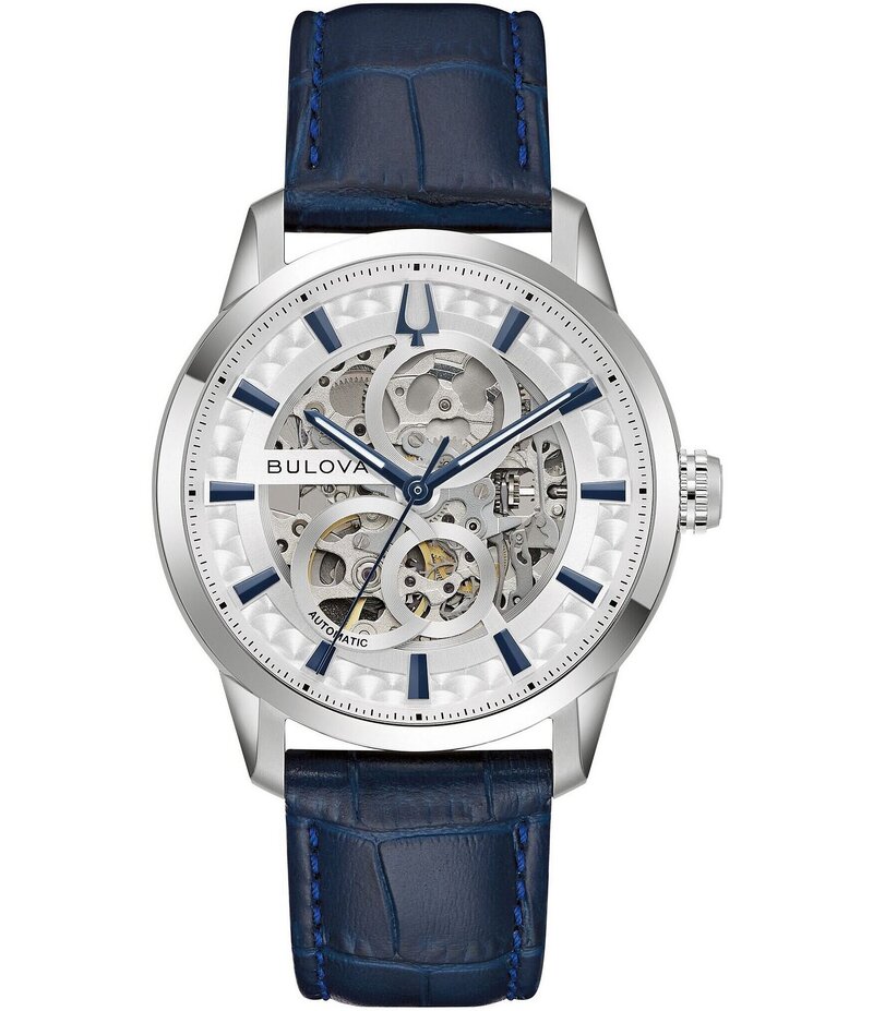 ブロバ レディース アクセサリー 腕時計 レザー Bulova Men Three Hand Blue Leather Strap Watch Blue ブルー