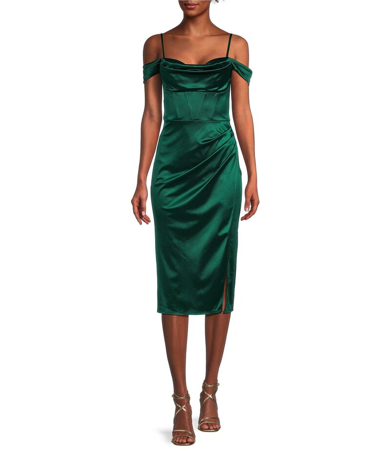 ビーダーリン レディース トップス ワンピース フロントスリット プリーツ B. Darlin Off The Shoulder Pleated Front Slit Dress Hunter|ReVida 店