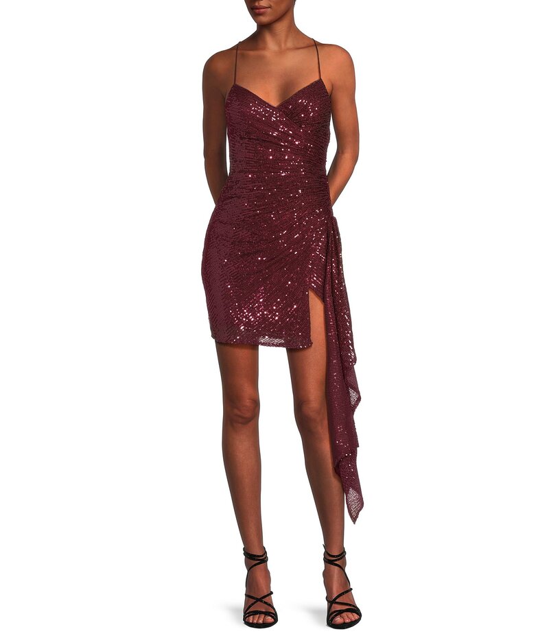 ジービー レディース トップス ワンピース アシンメトリー ミニワンピース ギャザー ミニ スパンコール GB Social Ruched Sequin Asymmetrical Hem Tie Back Mini Dress Wine ワイン