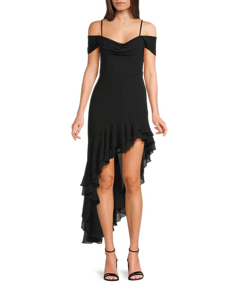 シティヴァイブ レディース トップス 衣装 シフォン ドレープ フラウンス City Vibe Off The Shoulder Drape Chiffon Ruffle Hi-Lo Dress Black 黒いこと ワンピース-レディースファッション