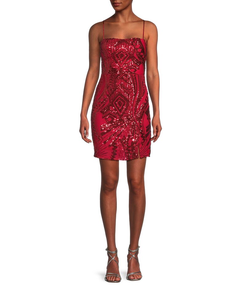 ミッドナイト ドール レディース トップス ワンピース ミニワンピース ミニ スパンコール レース Midnight Doll Spaghetti Strap Placement Sequin Strappy Back Bodycon Mini Dress Red レッド|ReVida 店