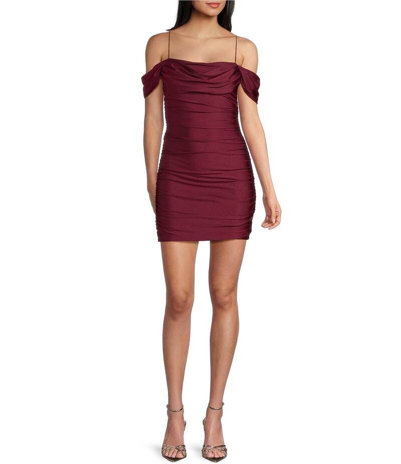 ビーダーリン レディース トップス 衣装 ボディコンワンピース B. Darlin Off The Shoulder Spaghetti Strap Shirred Bodycon Dress Wine ブドウ酒 レディースファッション-ワンピース