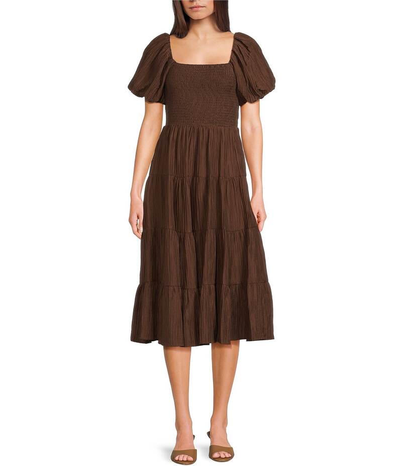 ミッドナイト ドール レディース トップス ワンピース シャーリング Midnight Doll Crinkle Woven Square Neck Short Puff Sleeve Smocked Bodice Dress Chocolate チョコレート｜ReVida 店 9,105円