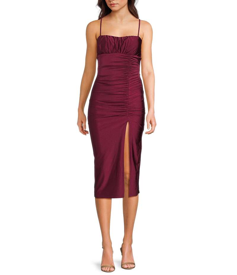 ハニーアンドロージー レディース トップス ワンピース ミディワンピース ギャザー ミディ Honey and Rosie Square Neck Ruched Side Midi Dress Wine ワイン｜ReVida 店