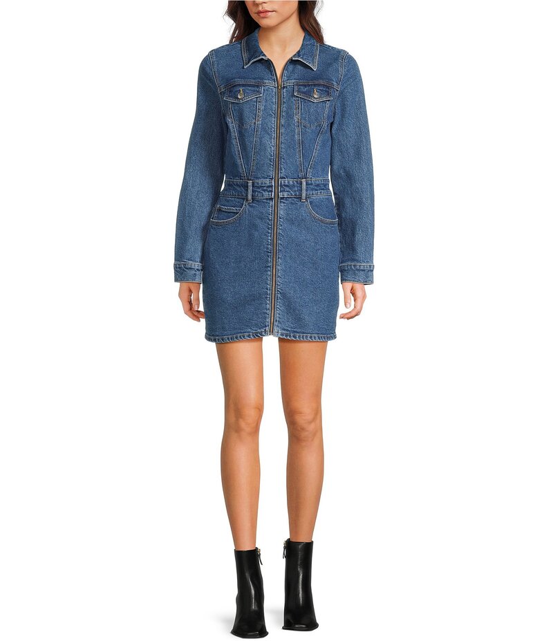 ジービー レディース トップス ワンピース ミニワンピース ミニ デニム GB Denim Front Zip Mini Dress Dark Blue ブルー|ReVida 店