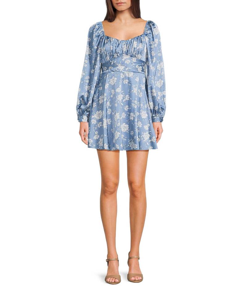 ビーダーリン レディース トップス ワンピース フラワー柄 プリント フラワー B. Darlin Floral Printed Long Sleeve Tie Back Skater Dress Lt. Blue Floral/White ホワイト|ReVida 店