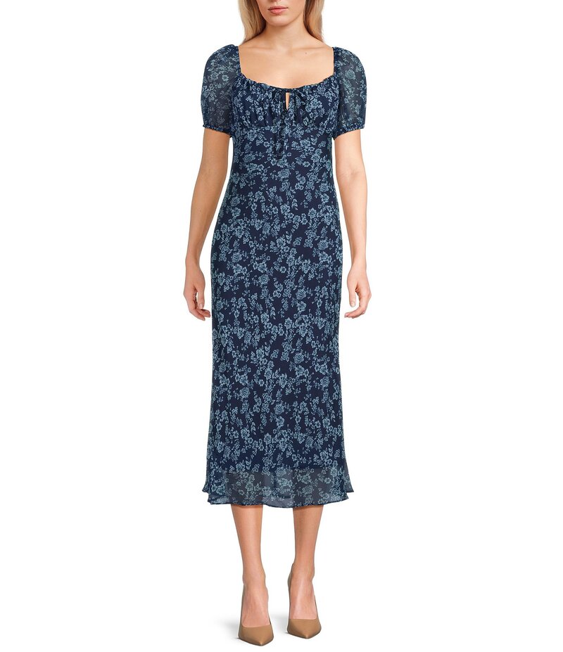 ビーダーリン レディース トップス ワンピース ミディワンピース フラワー柄 プリント ミディ フラワー B. Darlin Floral Printed Short Puff Sleeve Tie Front Midi Dress Navy/Slate スレート