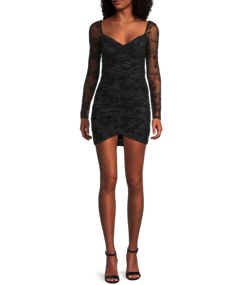 シティヴァイブ レディース トップス ワンピース Vネック ボディコンワンピース ギャザー レース City Vibe V-Neck Long Sleeve Lace Up Back Ruched Bodycon Dress Black ブラック|ReVida 店