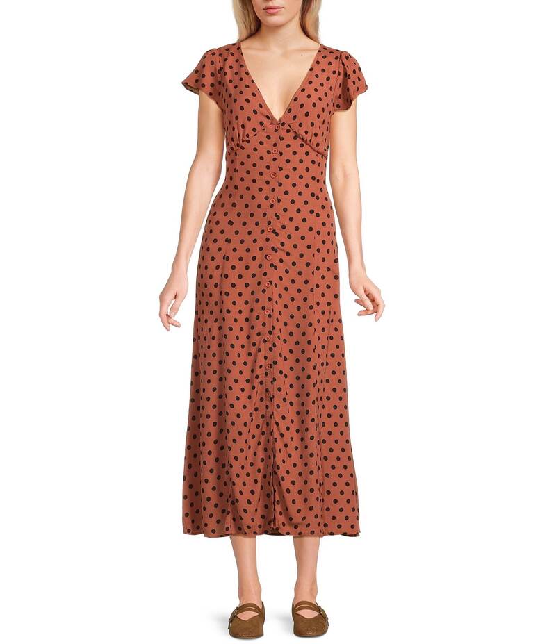 ブルーペッペーブルーペッパー レディース トップス ワンピース ドット柄 ミディワンピース ドット ミディ Blu Pepper Polka Dot Button Front Short Sleeve Midi Dress Brown ブラウン