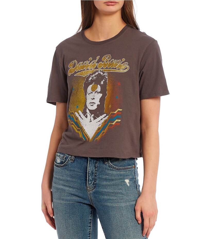 ジャンクフード レディース トップス Tシャツ クロップド グラフィック Junk Food David Bowie Cropped Glitter Graphic T-Shirt Thunder Grey Brown グレー