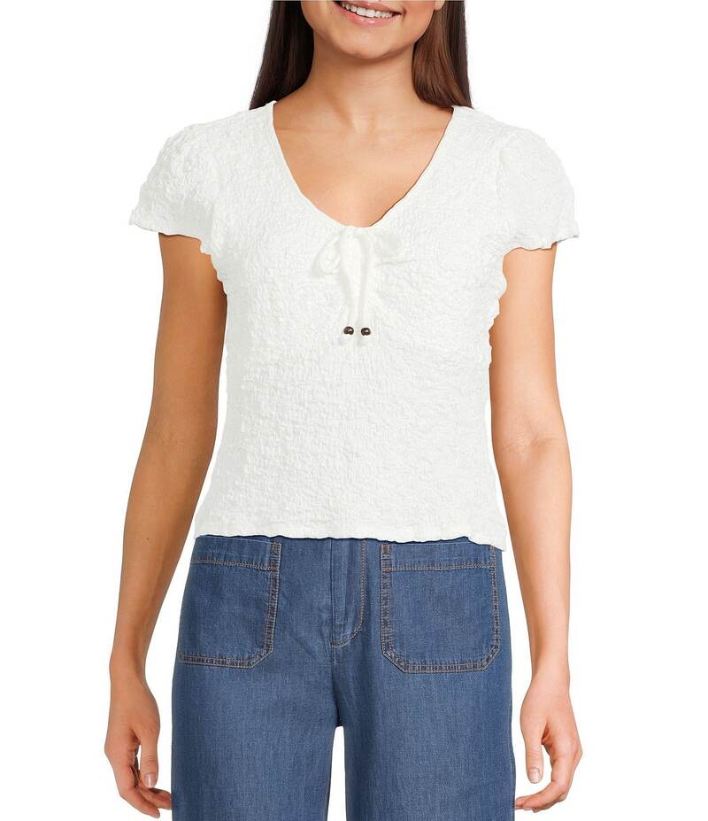 I.N.サンフランシスコ レディース トップス Tシャツ Vネック I.N. San Francisco V-Neck Shirred Tie Front Short Sleeve Top Ivory アイボリー