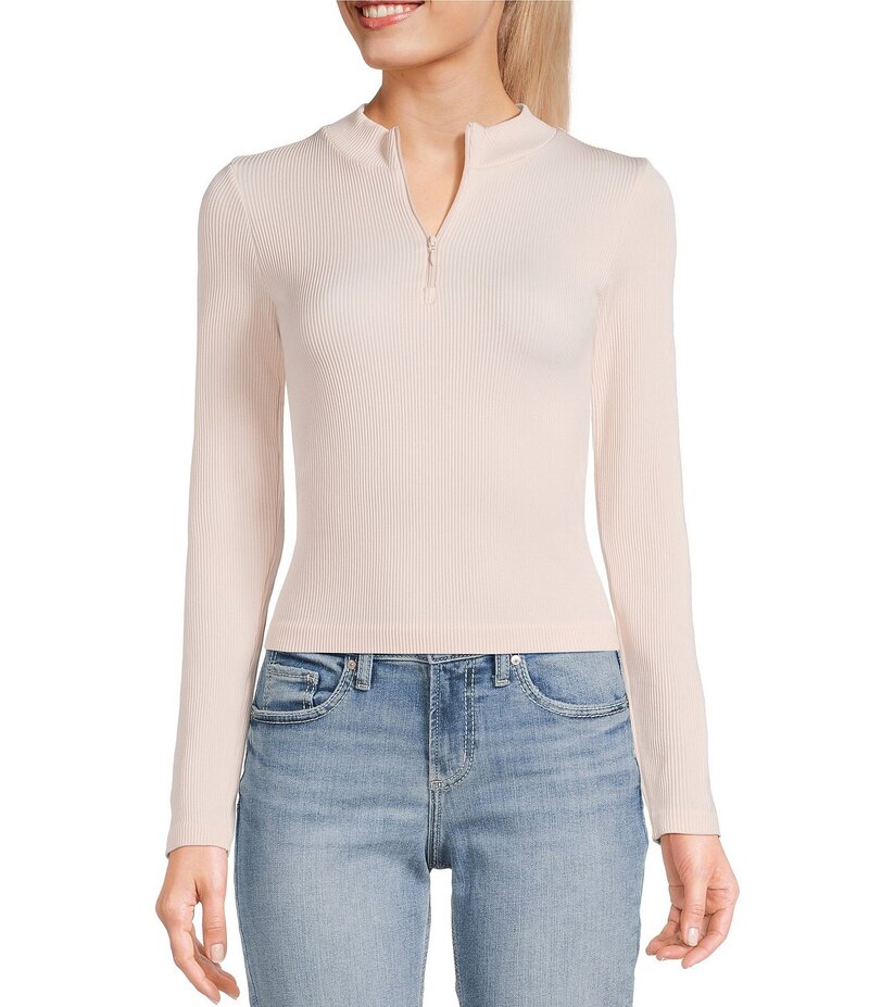 モアモア レディース トップス Tシャツ ハーフジップ モックネック Moa Moa Mock Neck Long Sleeve Quarter Zip Top Ballet Slipper｜ReVida 店