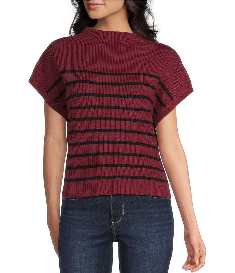 ブルーペッペーブルーペッパー レディース アウター ニット・セーター モックネック セーター Blu Pepper Striped Mock Neck Dolman Short Sleeve Sweater Burgundy バーガンディ
