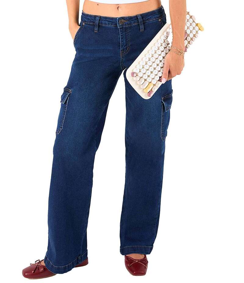 YMI デニム レディース ボトムス ジーンズズボン下 ワイドレッグ ローライズ デニム YMI Jeanswear Low Rise Wide Leg Cargo Jeans Mid Sky Blue 青み