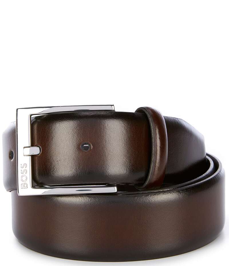 ヒューゴボス メンズ 付属品 胴締め なめし革 ロゴタイプ Hugo Boss Elloy Leather Logo Buckle Belt Dark Brown 赤銅色