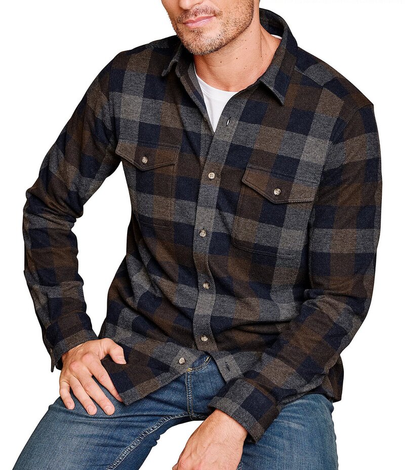 ジョンストンアンドマーフィー メンズ トップス シャツ Johnston & Murphy Brushed Large Plaid Long Sleeve Woven Shirt Navy/Brown Large Plaid ネイビー｜ReVida 店