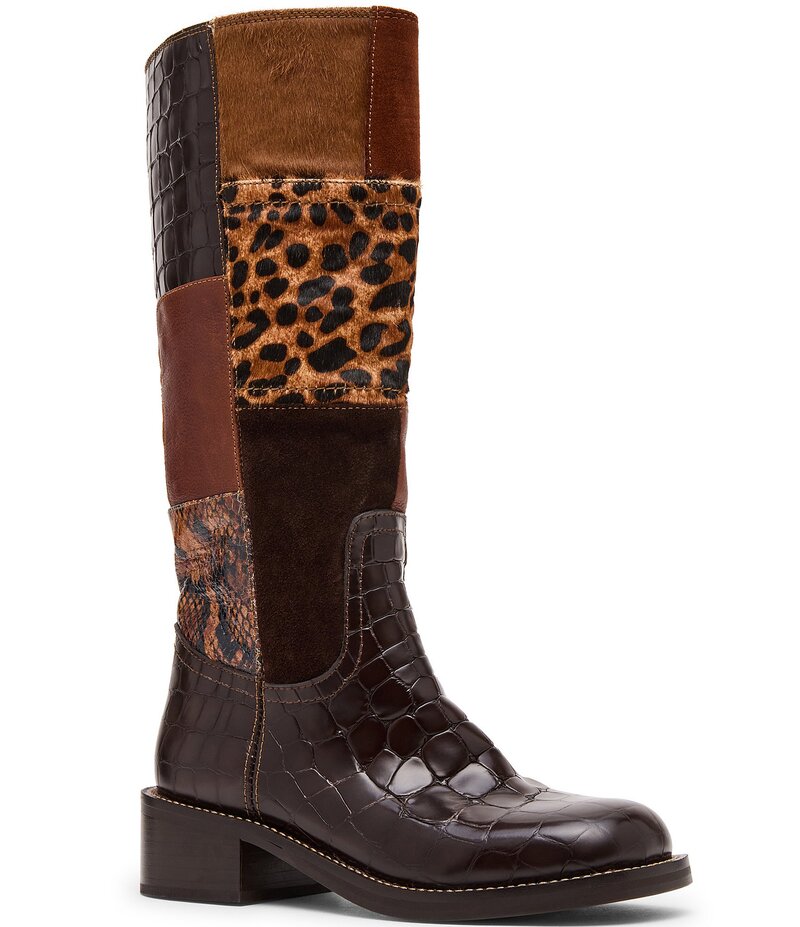 スティーブ マデン レディース シューズ ブーツ・レインブーツ アニマル柄 プリント パッチワーク トール スエード ブーツ レザー Steve Madden Riggs Leather and Suede Patchwork Animal Print Tall Boots Brown/Multi ブラウン