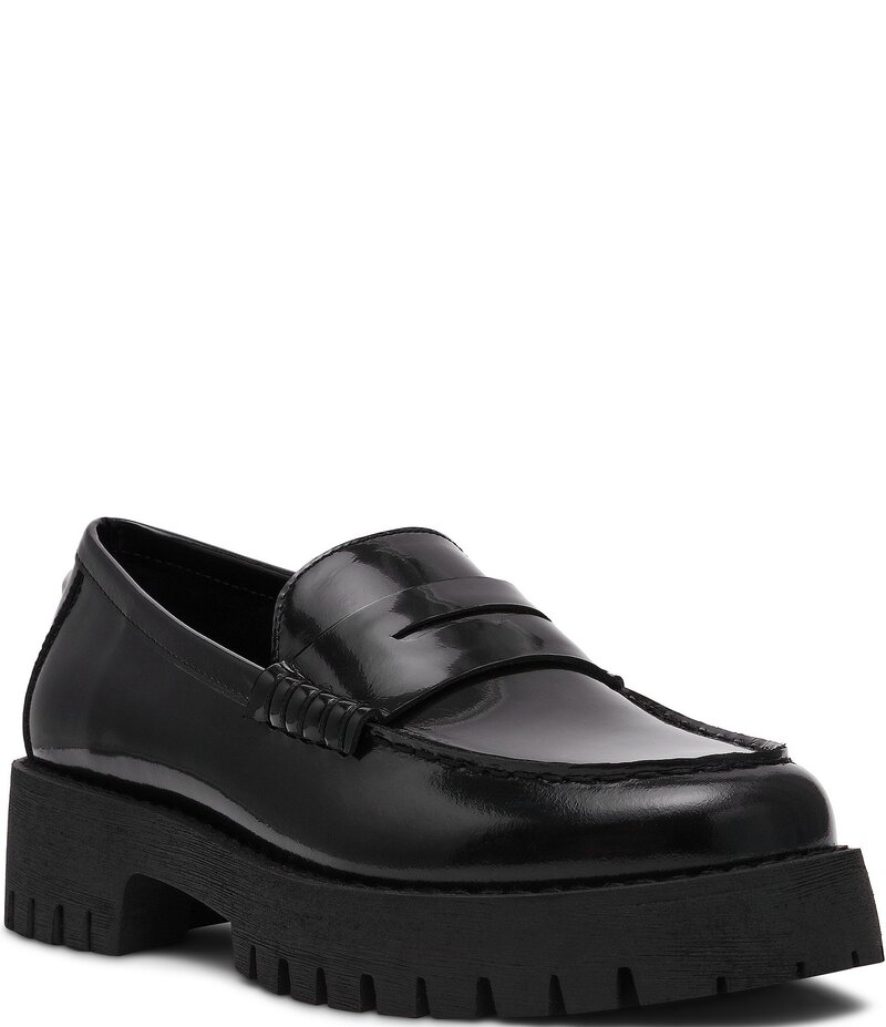 スティーブ マデン レディース シューズ オックスフォード プラットフォーム レザー ローファー Steve Madden Langsten Leather Platform Lug Sole Penny Loafers Black ブラック｜ReVida 店