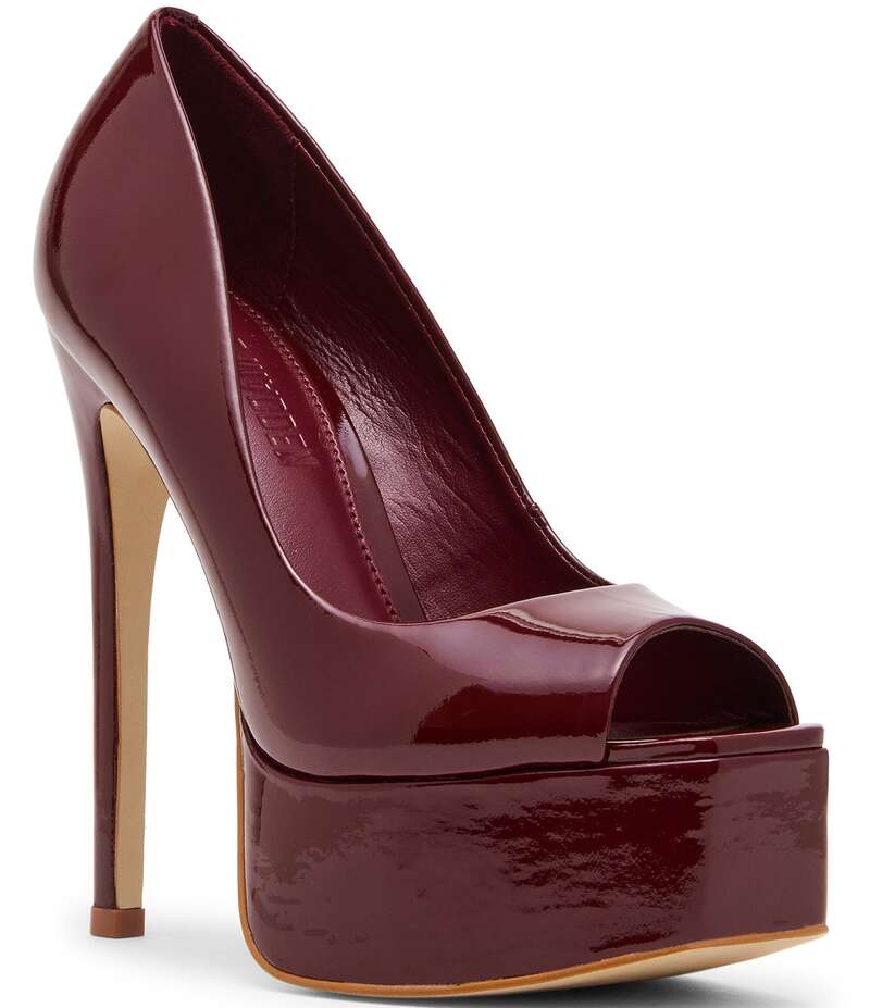 スティーブ マデン レディース シューズ ヒール プラットフォーム レザー Steve Madden Ives Patent Leather Peep Toe Platform Stiletto Pumps Burgundy バーガンディ|ReVida 店