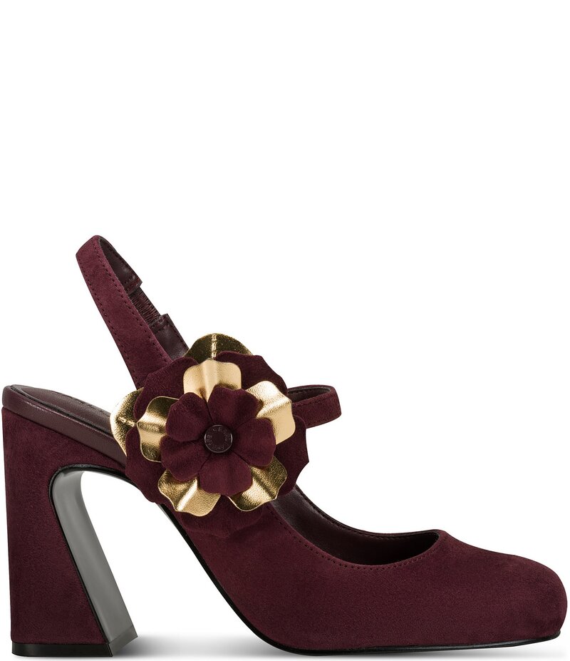 カール ラガーフェルド レディース シューズ ヒール フラワー柄 スエード フラワー KARL LAGERFELD PARIS Pierra Suede Floral Ornament Mary Jane Slingback Pumps Wine ワイン｜ReVida 店