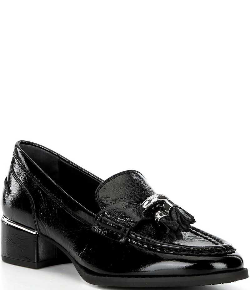 ドナルドプリネール レディース シューズ 踵 なめし革 置き目毛皮 Donald Pliner Mirabel Patent Leather Tassel Block Heel Loafer Pumps Black 黒いこと