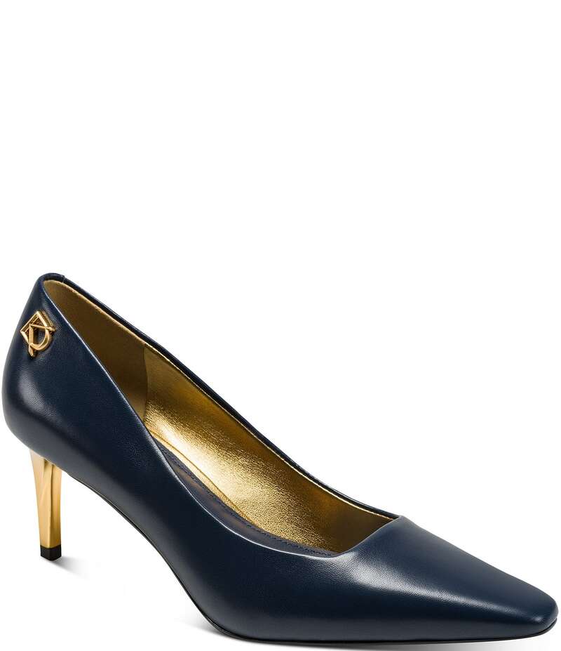 ダナキャラン レディース シューズ パンプス レザー ヒール Donna Karan Savita Leather Mid Heel Pumps Navy ネイビー｜ReVida 店