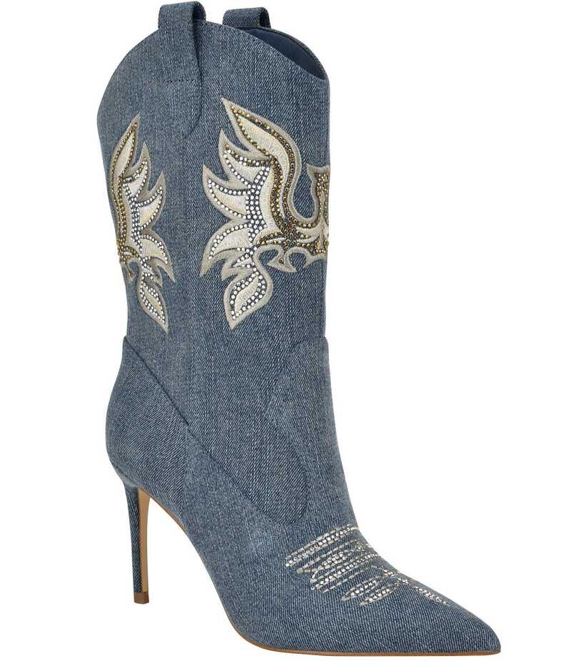 ゲス レディース シューズ ブーツ・レインブーツ デニム ブーツ Guess Rasima Denim Rhinestone Western Boots Medium Blue ブルー