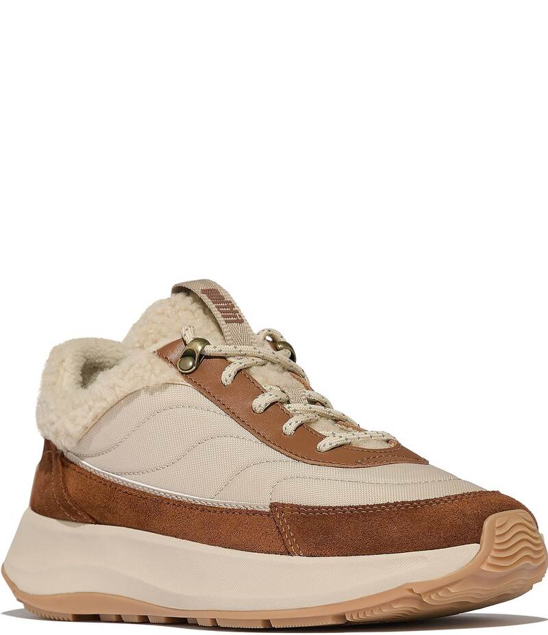 相応うフロップ レディース シューズ スニーカー スピード競技 Fitflop F-Mode Faux Shearling Lace Up Sneakers Deep Tan/Camel Mix タン