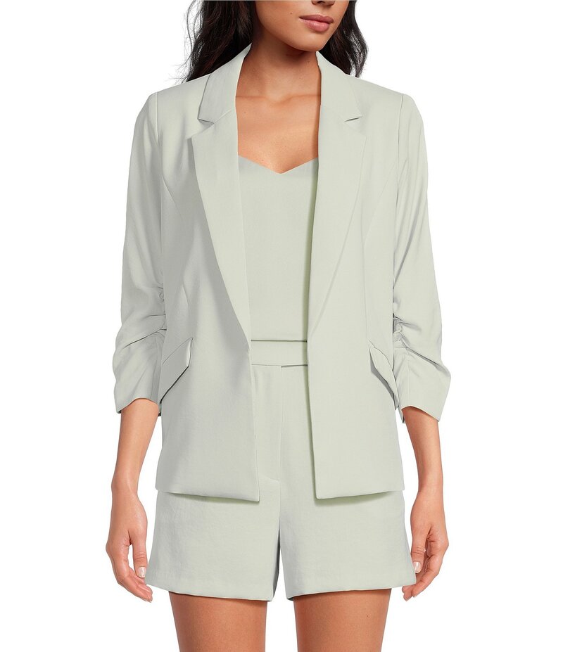 スカイズアブルー レディース アウター コート ブレザー Skies Are Blue Notch Lapel Shirred 3/4 Sleeve Open Front Statement Blazer Dove Grey グレー