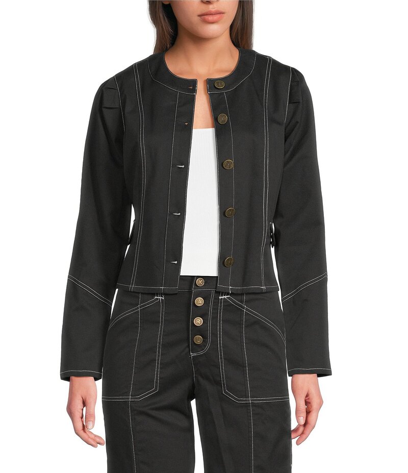 カール ラガーフェルド レディース アウター ジャケット・ブルゾン コントラスト クロップド ジャケット KARL LAGERFELD PARIS Coordinating Round Neck Long Sleeve Contrast Trim Cropped Jacket Black ブラック