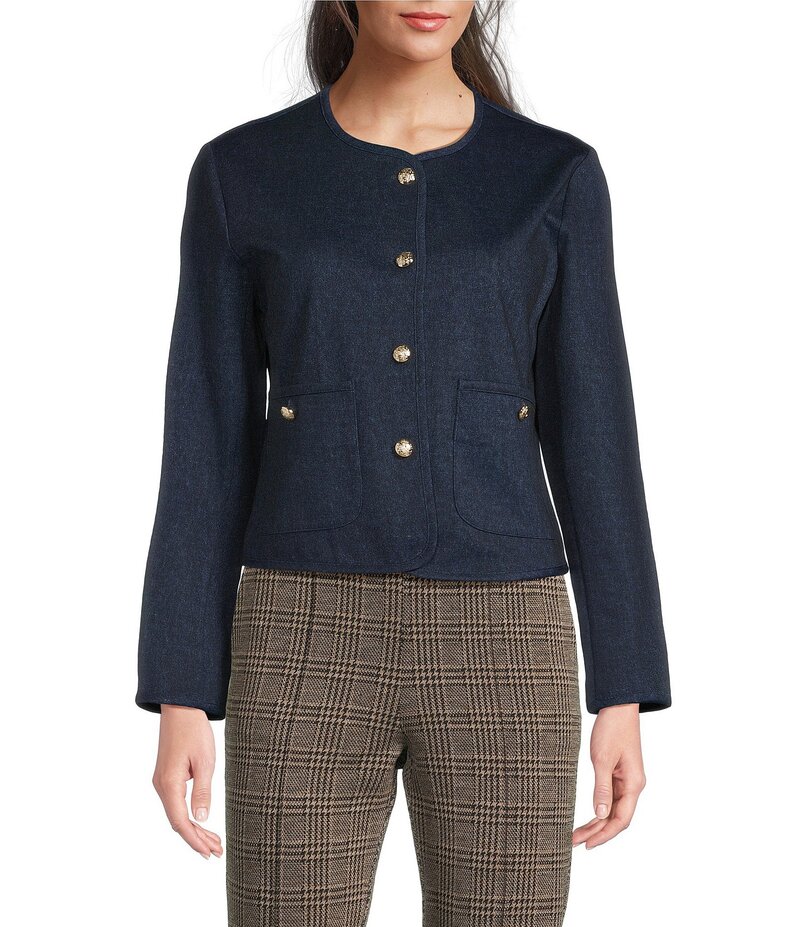 ジュードコーナリー レディース アウター コート デニム ジャケット Jude Connally Hope Denim Round Neck Long Sleeve Gold Button Jacket Navy ネイビー|ReVida 店