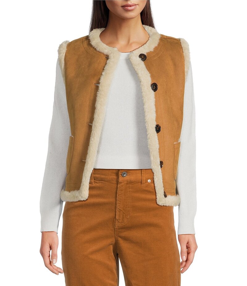 タイラーボウ レディース アウター ベスト クルーネック ノースリーブ tyler boe Highland Crew Neck Patch Pocket Reversible Sherpa Sleeveless Vest Chestnut