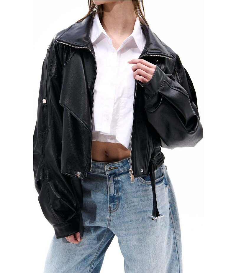 アザレア ワン レディース アウター コート レザー フェイクレザー ジャケット Azalea Wang Papoose-Black Soft Faux Leather Envelope Collar Belted Oversize Fit Moto Jacket Black ブラック