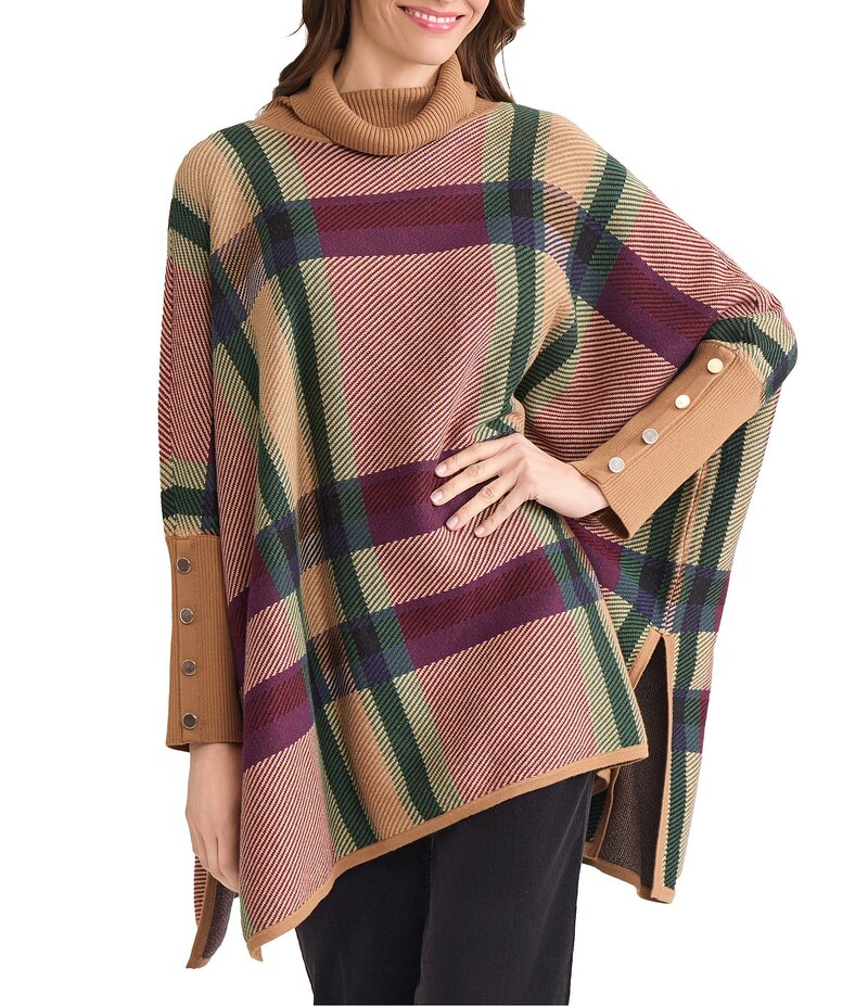 ジョーンズニューヨーク レディース アウター ニット・セーター ケープデザイン スタンドネック キャップ ケープ Jones New York Plaid Funnel Neck Long Sleeve Cape Caramel Multi マルチカラー