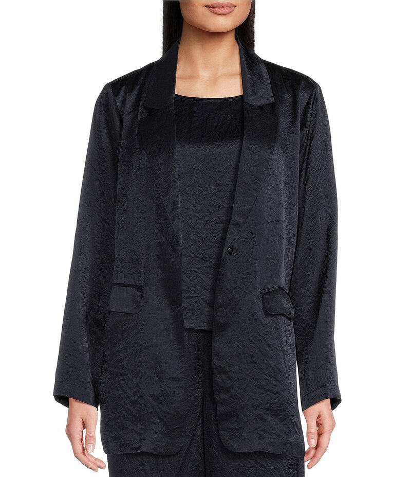 エイリーンフィッシャー レディース アウター コート サテン ブレザー Eileen Fisher Textured Satin Notch Lapel Long Sleeve Flap Pocket Button Front Blazer Ink