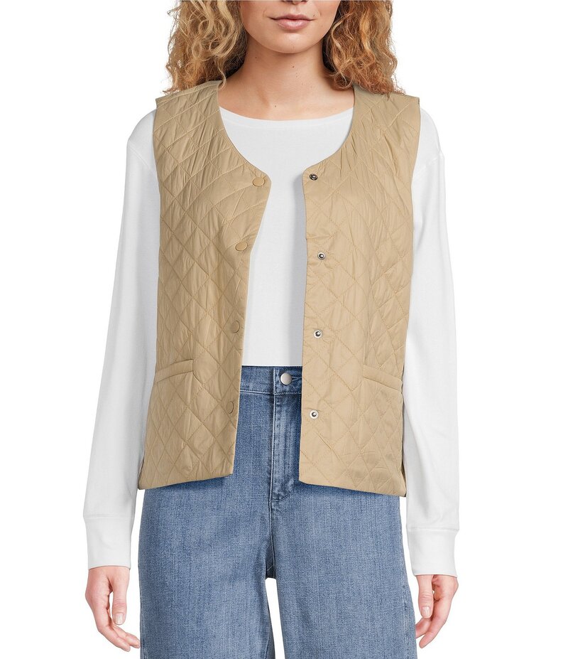 エイリーンフィッシャー レディース アウター ベスト Vネック キルティング ノースリーブ Eileen Fisher Quilted V-Neck Sleeveless Vest Biscuit
