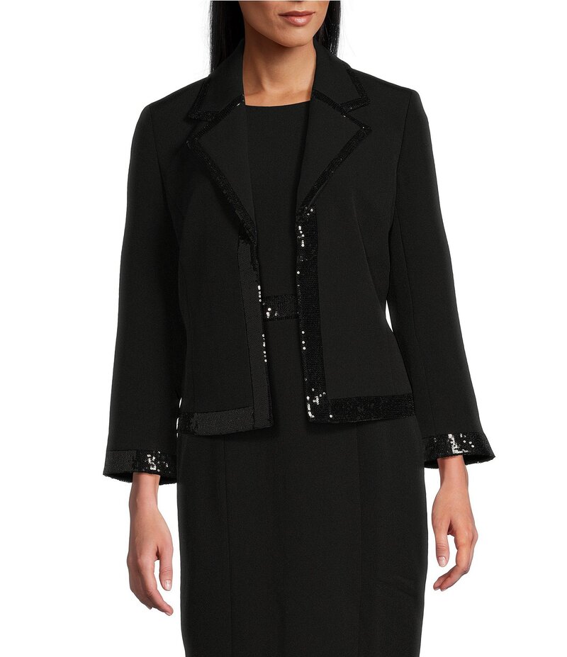 カスパール レディース アウター 厚地の外套 プチ スパンコール 上衣 Kasper Petite Size Kissing Front Sequin Trim Notch Lapel Long Sleeve Jacket Black 黒いこと