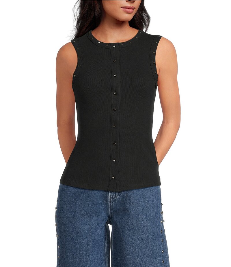 ネバーフリードレスド レディース トップス Tシャツ クルーネック リブ ノースリーブ ニット Never Fully Dressed Ribbed Knit Crew Neck Sleeveless Studded Button Front Tank Black ブラック｜ReVida 店