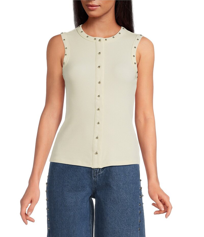 ネバーフリードレスド レディース トップス Tシャツ クルーネック リブ ノースリーブ ニット Never Fully Dressed Ribbed Knit Crew Neck Sleeveless Studded Button Front Tank Cream クリーム