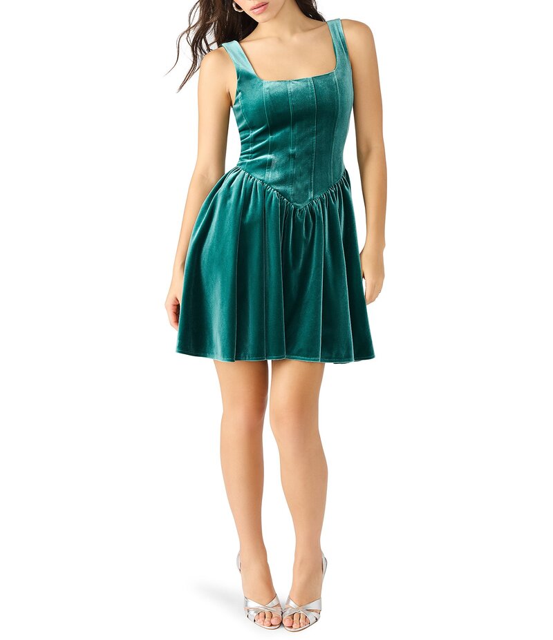 スティーブ マデン レディース トップス 衣装 ミニ衣装 ミニ 天鵞絨 Steve Madden Ray Corset Square Neck Velvet Mini Dress Blue Lightening 青み