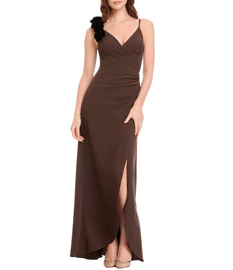 ドレスザポプレーション レディース トップス ワンピース Vネック クレープ A ライン Dress the Population Camelia A-Line V-Neck Rouched Crepe Dress Mocha/Black ブラック